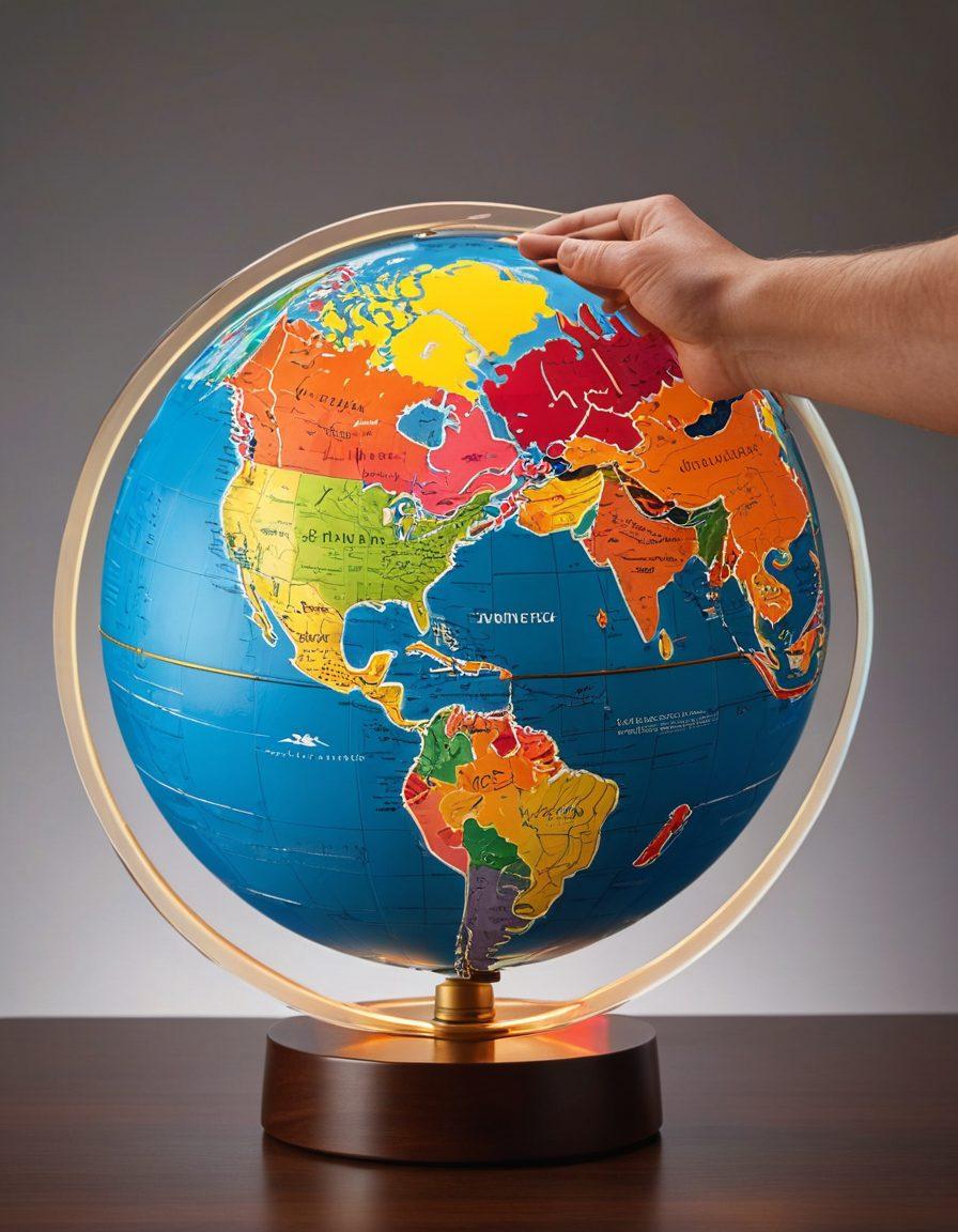 A detailed globe highlighting various countries interconnected by glowing trade routes, with iconic landmarks and currencies of each region subtly integrated. A pair of hands navigating the globe, symbolizing guidance and strategy, surrounded by arrows pointing towards success. A warm, inviting color palette to evoke global unity. super-realistic. vibrant colors.