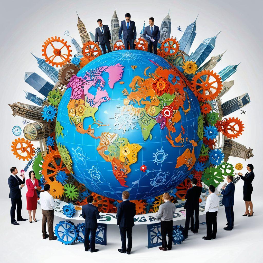 An intricate globe encircled by gears and symbols of international currencies, representing strategic consulting in global business. Below, diverse professionals engaged in discussions, highlighting teamwork and collaboration across cultures. Vibrant colors contrasting with a modern cityscape in the background, symbolizing growth and transformation. super-realistic. vibrant colors. white background.