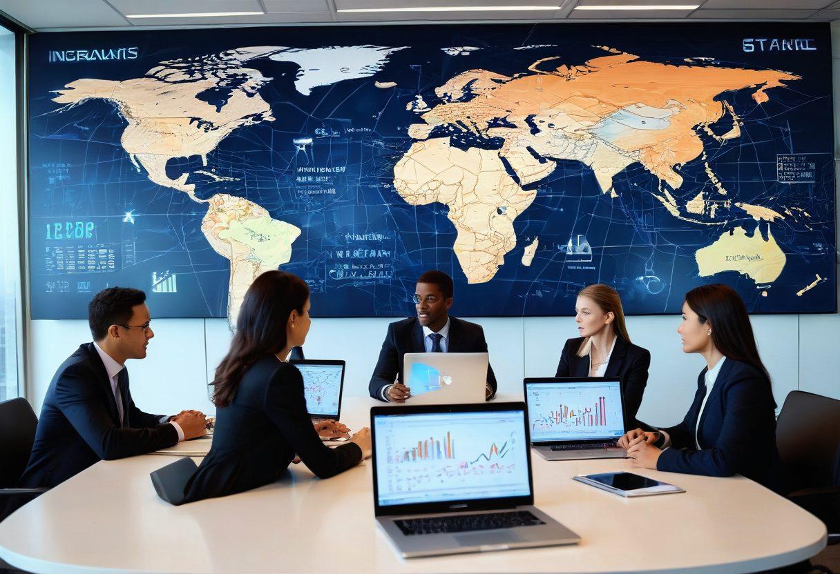 A dynamic scene depicting a diverse group of business professionals engaged in a strategic meeting around a high-tech conference table. Incorporate a world map with interconnected lines symbolizing global connections and markets. Include modern devices like laptops and tablets with charts and graphs displayed prominently. A backdrop of a city skyline through a glass wall to signify international business. super-realistic. vibrant colors. 3D.